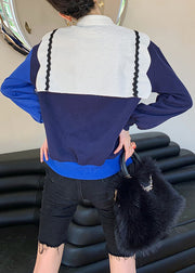 Klassisches, blau-weißes Colorblock-Bubikragen-Bogen-Patchwork-Strick-Sweatshirt mit langen Ärmeln