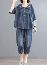 Classy Blue Wrinkled Embroidered Tops And Pants Denim Two Pieces Set Summer