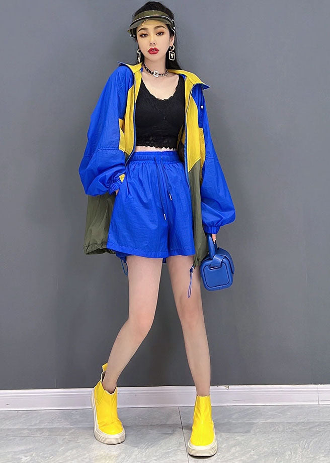 Classy Blue Yellow Hooded Zip Up Patchwork Coats And Shorts Two Pieces Set Summer