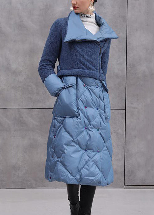 Classy Blue Zip Up Tie Waist Patchwork Duck Down Coat Winter