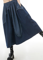 Classy Blue elastic waist Patchwork denim Skirts Spring