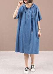 Classy Blue hooded Button Denim Dress Summer - SooLinen