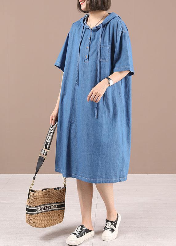 Classy Blue hooded Button Denim Dress Summer - SooLinen