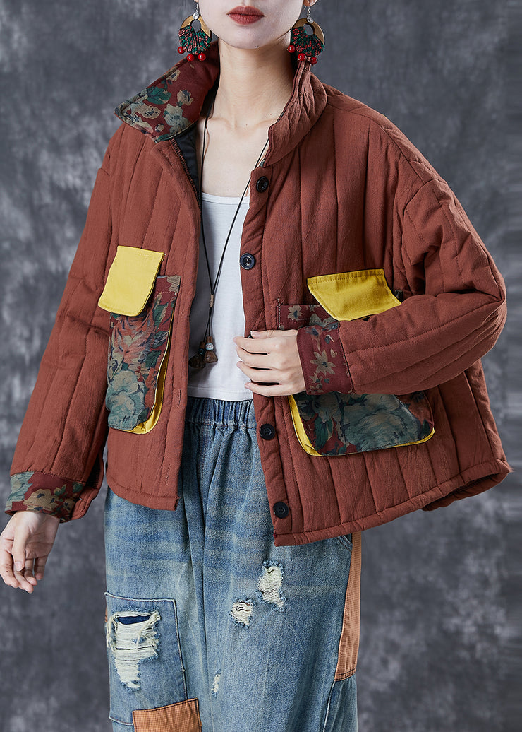 Classy Brick Red Oversized Patchwork Fine Cotton Filled Witner Coat