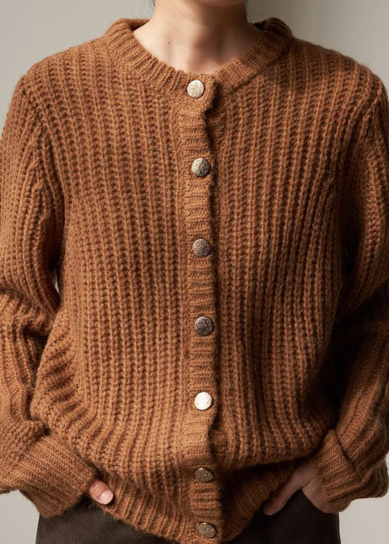 Classy Brown Button Woolen Knit Loose Coat Winter