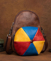 Classy Brown Colorblock Paitings Calf Leather Backpack Bag