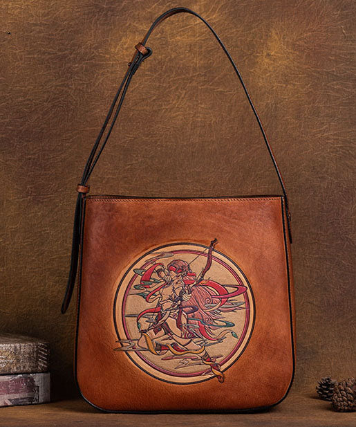 Classy Brown Large Capacity Paitings Calf Leather Satchel Handbag