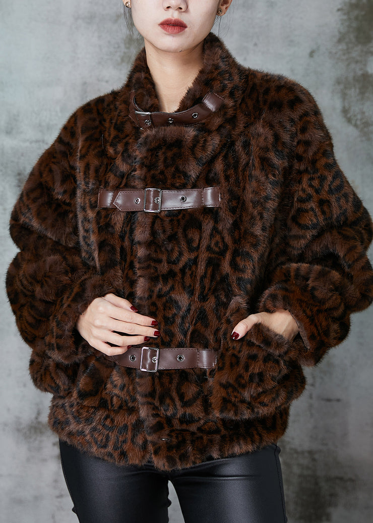 Classy Brown Leopard Print Pockets Faux Fur Coat Winter