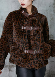 Classy Brown Leopard Print Pockets Faux Fur Coat Winter