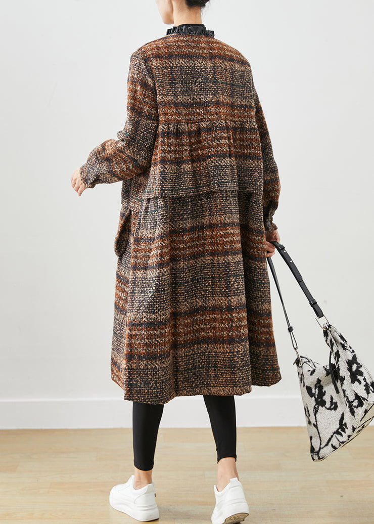 Classy Brown O-Neck Oversized Thick Woolen Coats Fall