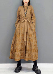 Classy Brown Pockets Tie Waist Embroideried Fall Long Sleeve Long Dress - SooLinen