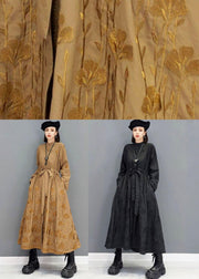 Classy Brown Pockets Tie Waist Embroideried Fall Long Sleeve Long Dress - SooLinen