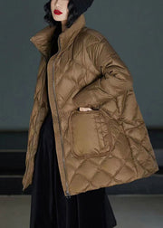 Classy Brown Stand Collar Zippered Duck Down Puffers Coats Winter
