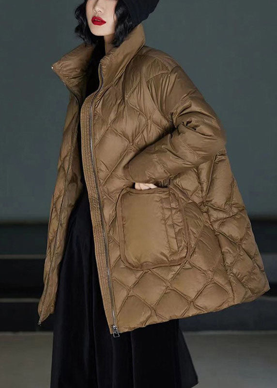 Classy Brown Stand Collar Zippered Duck Down Puffers Coats Winter