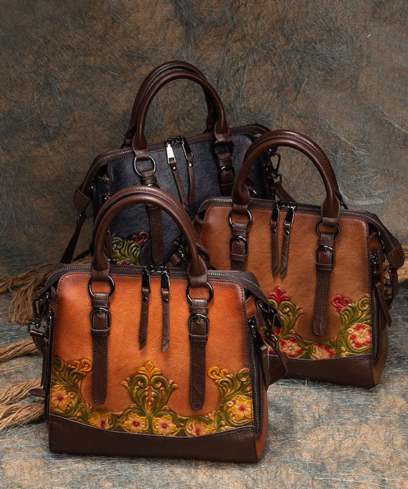 Elegante braune Handtasche aus Kalbsleder mit Sonnenblumen-Prägung