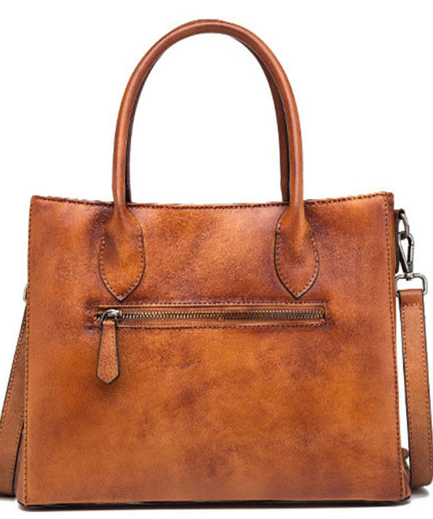 Classy Brown Yellow Print Paitings Leather Tote Handbag