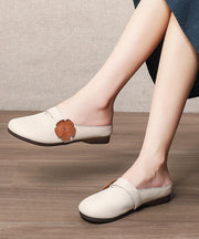 Classy Buckle Strap Beige Genuine Leather Slide Sandals - SooLinen