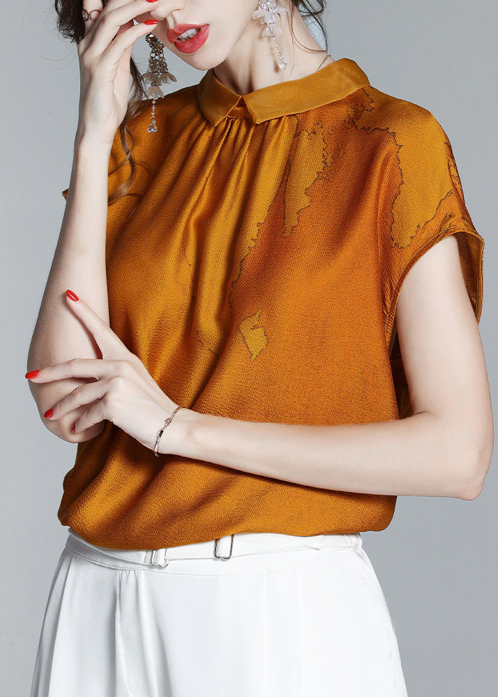 Classy Caramel Peter Pan Collar Print Silk T ShirtShort Sleeve