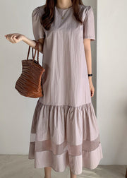 Classy Champagne O-Neck Wrinkled Tulle Patchwork Maxi Dress Short Sleeve