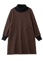 Classy Chocolate High Neck Patchwork Thick Knit Dress Spring