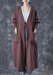 Classy Chocolate Oversized Chinese Button Linen Long Cardigan Spring