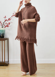 Classy Chocolate Tasseled Oversized Knit Two Pieces Set Fall