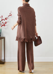 Classy Chocolate Tasseled Oversized Knit Two Pieces Set Fall