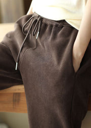 Classy Coffee Elastic Waist Pockets Warm Fleece Pants Winter