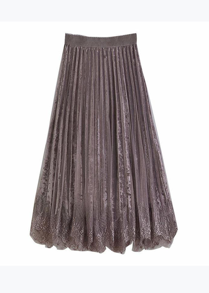 Classy Coffee Lace High Waist Tulle Pleated Skirt Spring