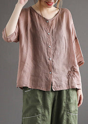 Classy Coffee O-Neck Embroidered Button Linen Shirt Half Sleeve