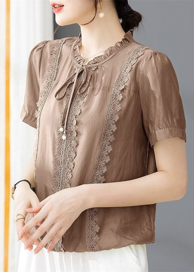 Classy Coffee Ruffled Lace Patchwork Cotton Blouse Tops Summer