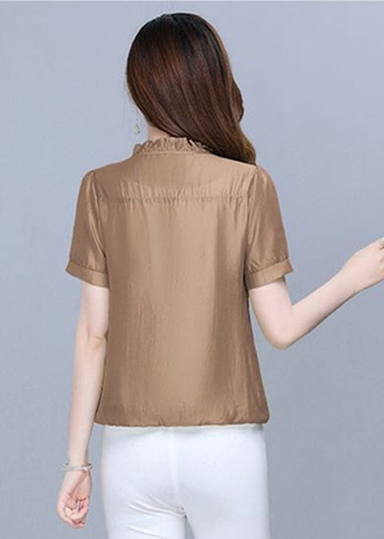 Classy Coffee Ruffled Lace Patchwork Cotton Blouse Tops Summer