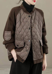 Classy Chocolate Stand Collar Pockets Patchwork Fine Cotton Filled Jackets Winter