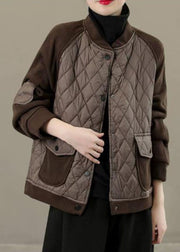 Classy Chocolate Stand Collar Pockets Patchwork Fine Cotton Filled Jackets Winter