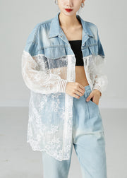 Classy Colorblock Embroidered Patchwork Hollow Out Denim Coat Outwear Summer