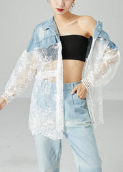 Classy Colorblock Embroidered Patchwork Hollow Out Denim Coat Outwear Summer