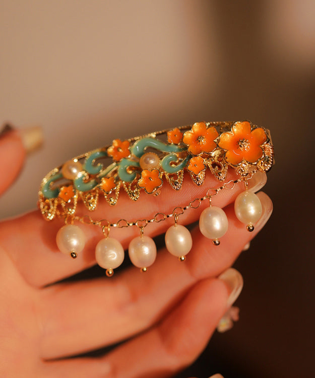 Classy Colorblock Enamel Pearl Floral Tassel Hairpin