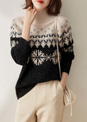 Classy Colorblock High Neck Thick Sequins Print Wool Knit Sweater Tops Winter