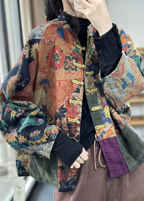 Classy Colorblock Oversized Patchwork Print Fine Cotton Filled Jacket Batwing Sleeve