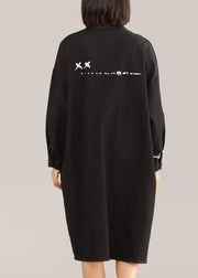 Edle Baumwoll-Steppkleidung Vintage Black Casual Cotton Graffiti Arrow Loose Dress