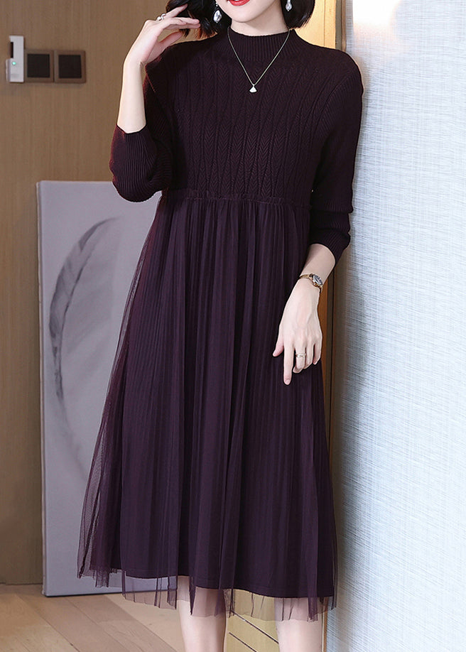Classy Dark Purple Turtleneck Tulle Patchwork Knit Dress Long Sleeve