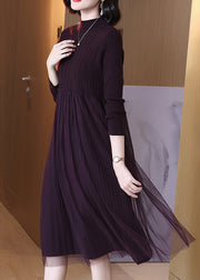 Classy Dark Purple Turtleneck Tulle Patchwork Knit Dress Long Sleeve