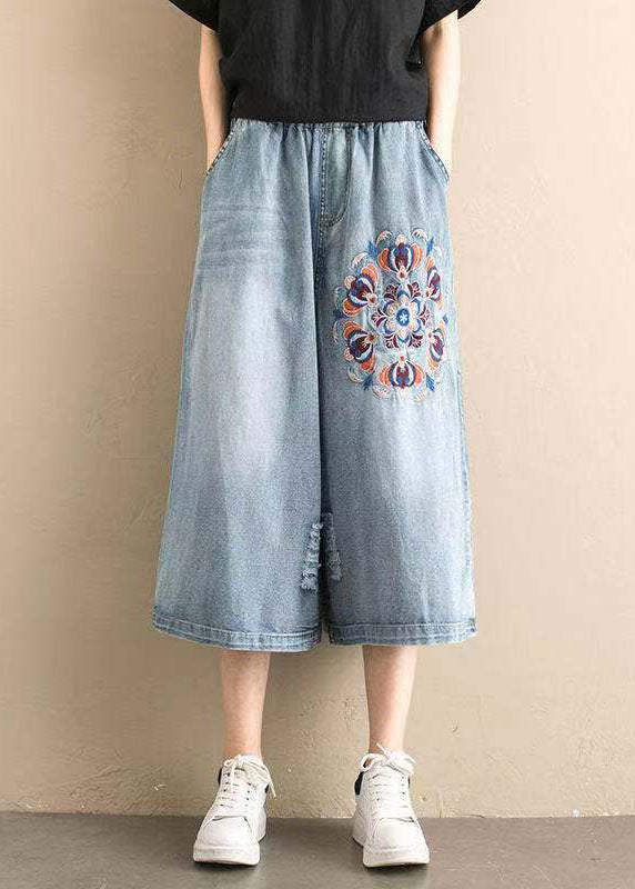 Klassische Jeansblaue elastische Taillenloch bestickte Taschen Baumwolle weites Bein Hose Sommer