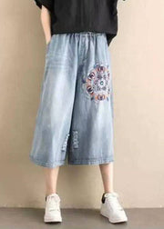 Classy Denim Blue Elastic Waist Hole Embroidered Pockets Cotton Wide Leg Pants Summer