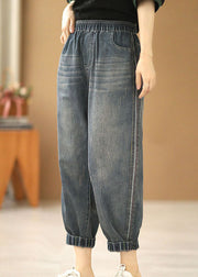 Classy Denim Blue Elastic Waist Pockets Cotton Crop Pants Summer