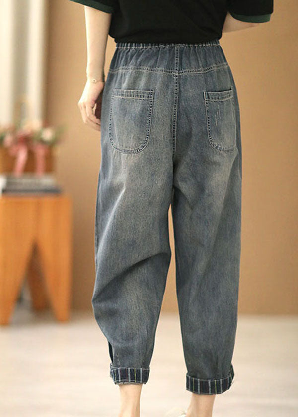 Classy Denim Blue Elastic Waist Pockets Cotton Crop Pants Summer