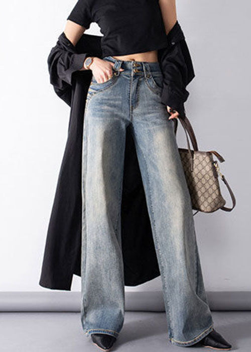 Klassische Denim-Blau-Taschen mit hoher Taille, die gerade Hosen aus Baumwolle drapieren