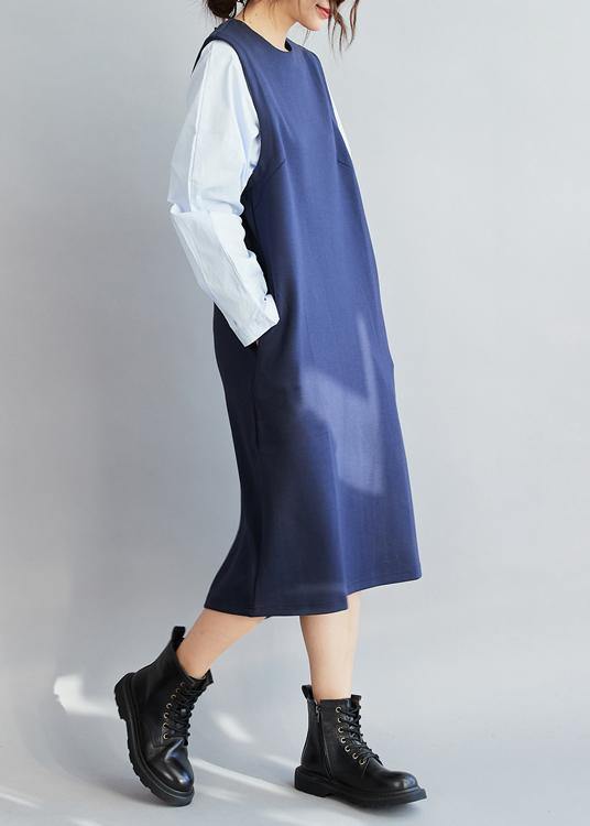 Classy False Two Pieces cotton Spring  Dress For Women Design Blue Dresses - SooLinen