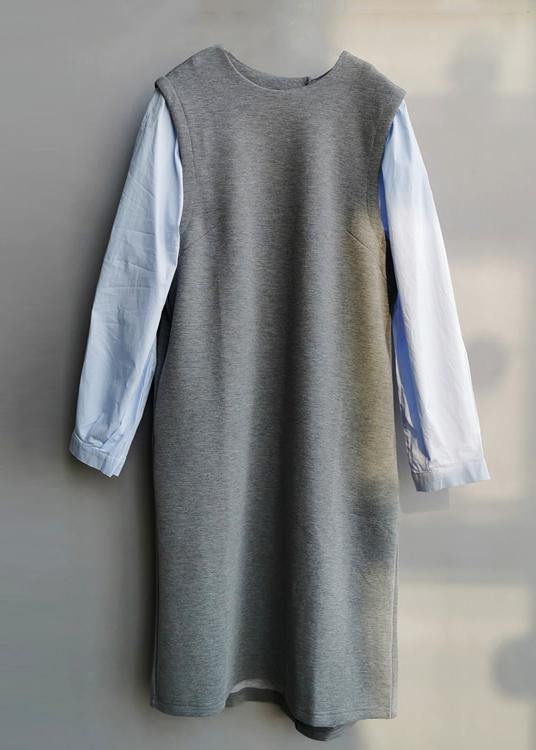 Classy False Two Pieces cotton Spring  Dress For Women Design Blue Dresses - SooLinen