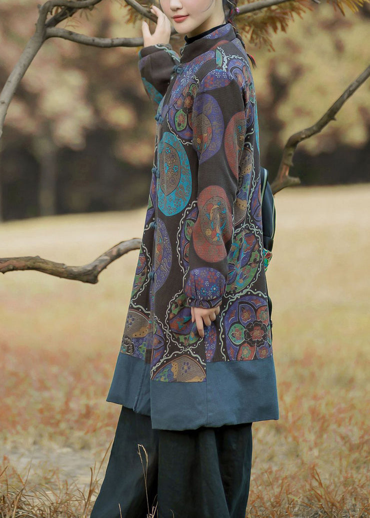 Classy Flower Colour Stand Collar Pockets Print Cotton Coats Long Sleeve